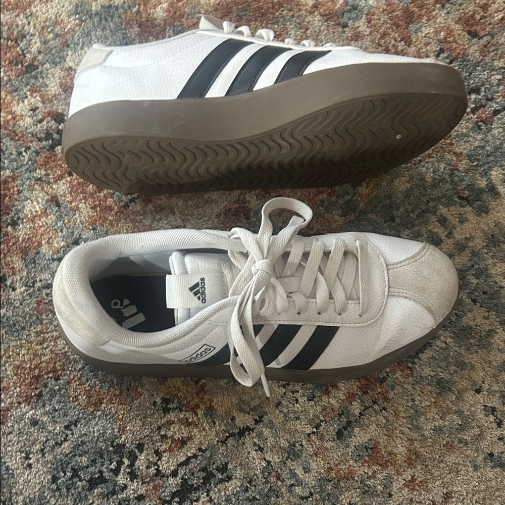 Adidas Men's White and Black Sneakers with Brown Sole